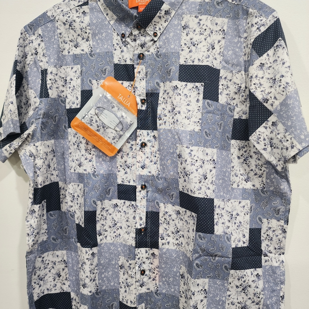 Tallia Sport, XXL, Blue, white orange ge accent, patterned, short Sleeve, button